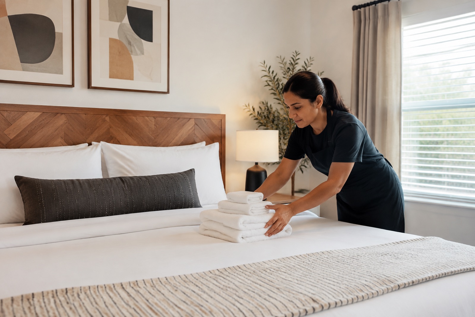 Cleaner arranging fresh towels on a neatly prepared short-term rental bed in Dallas–Fort Worth