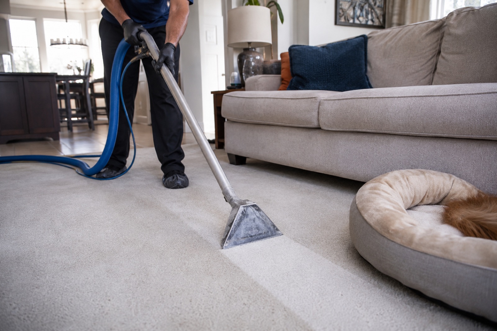 Professional carpet extraction in a Dallas–Fort Worth living room with a pet bed nearby