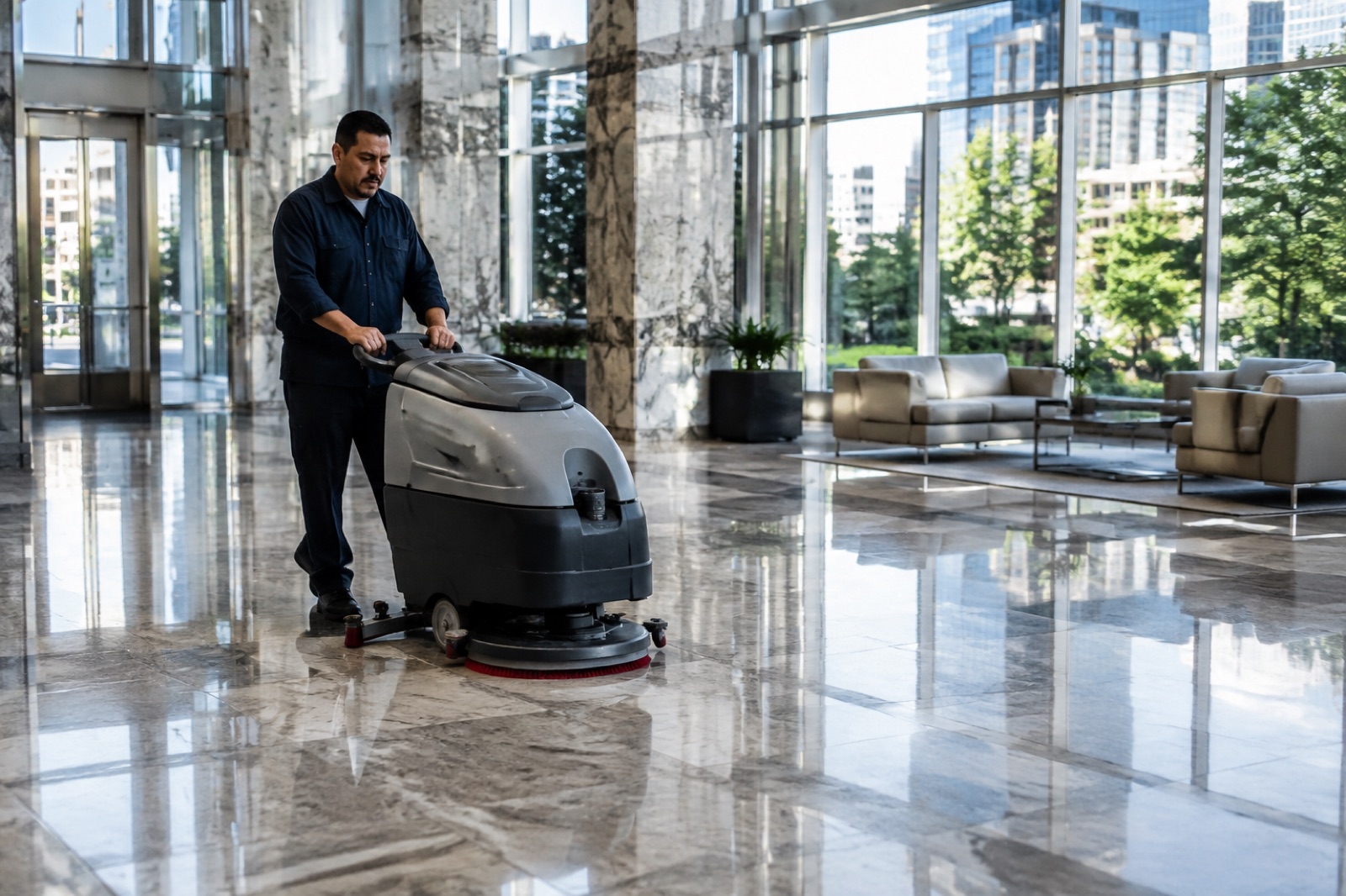 Professional cleaner operating a floor scrubber in a polished Dallas–Fort Worth commercial lobby