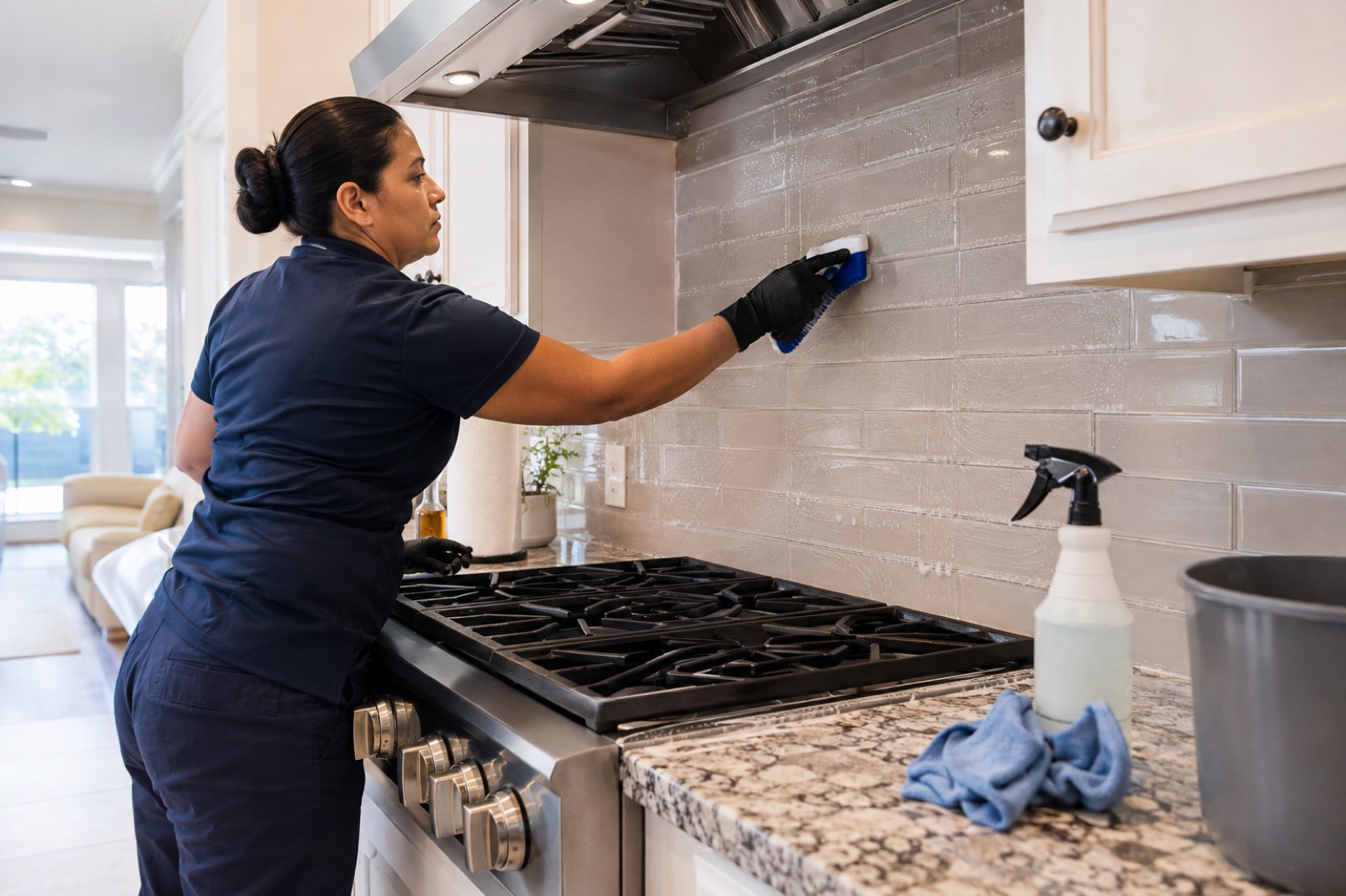 Cleaner scrubbing a kitchen backsplash during a deep cleaning in a Dallas area home