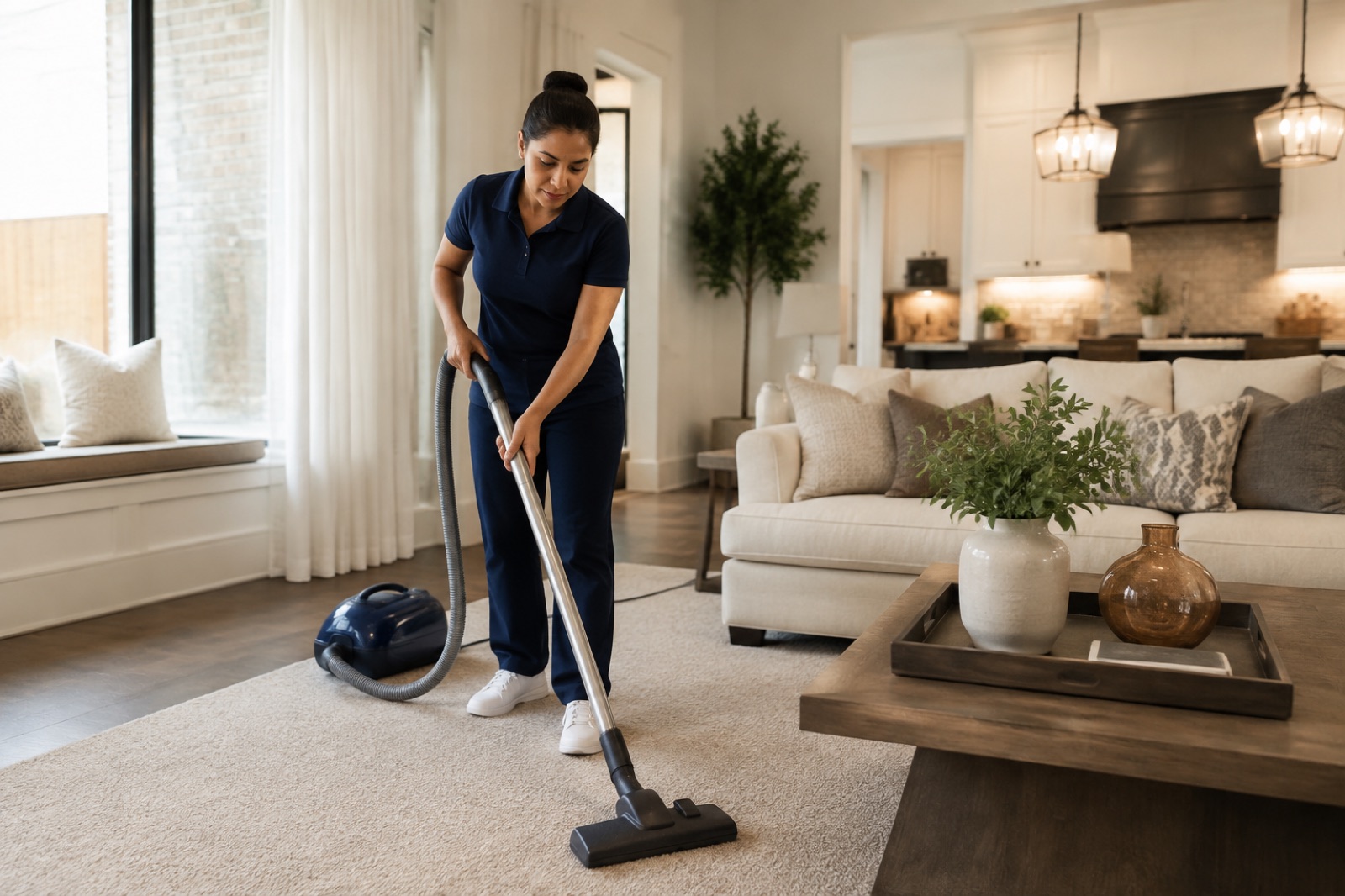 Professional cleaner vacuuming a bright living room in a Dallas–Fort Worth home