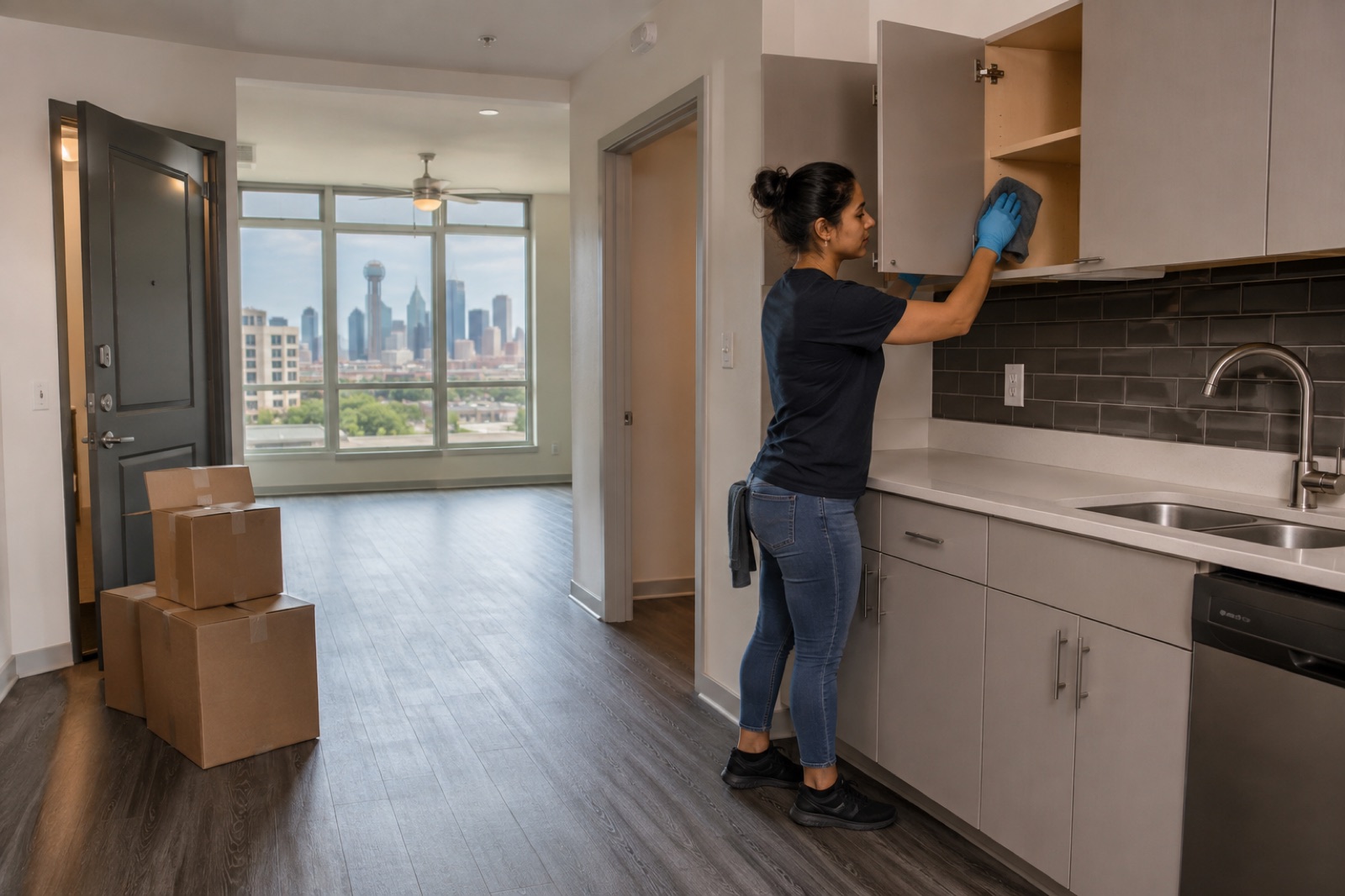 Cleaner wiping inside an empty apartment kitchen cabinet with moving boxes nearby and the Dallas skyline visible