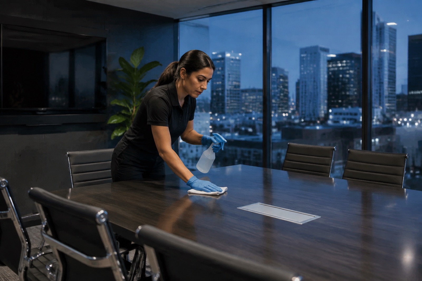 Professional cleaner sanitizing a conference table in a modern Dallas office after hours