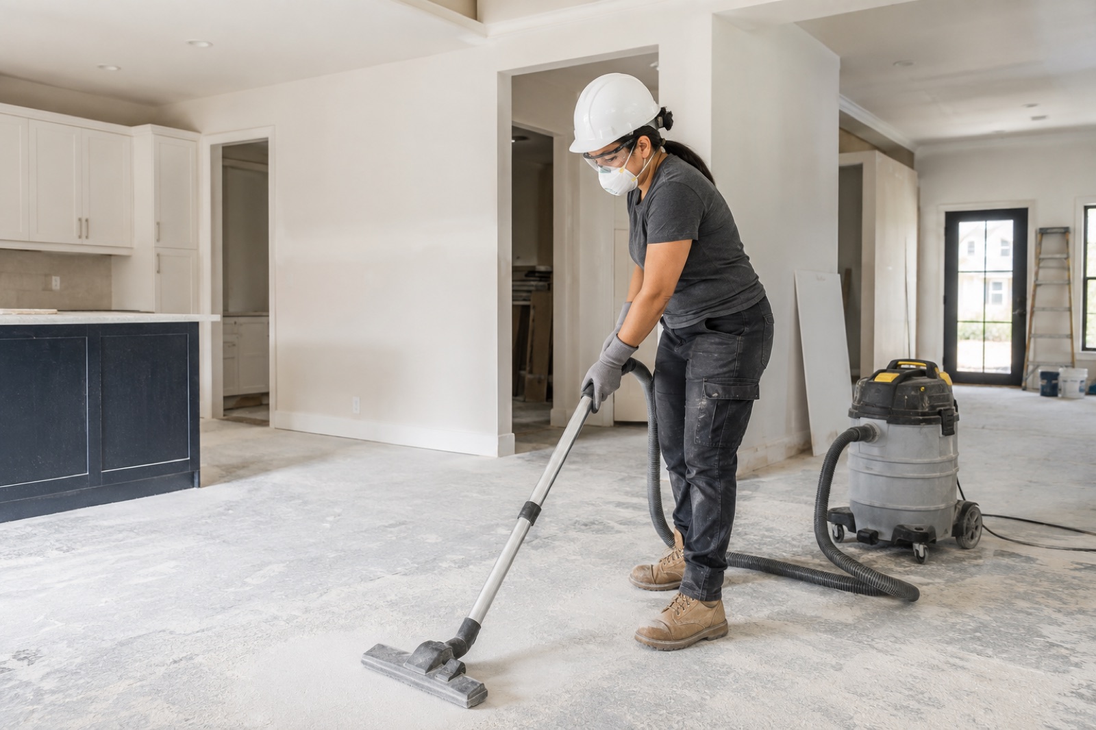 Cleaner using a commercial vacuum to remove fine construction dust in a renovated Dallas–Fort Worth home