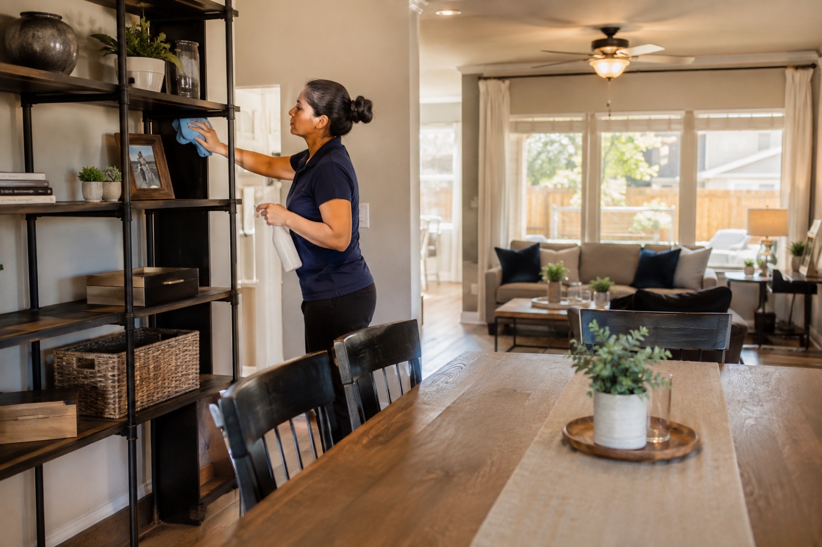 Professional cleaner dusting shelves in a comfortable Dallas–Fort Worth family home