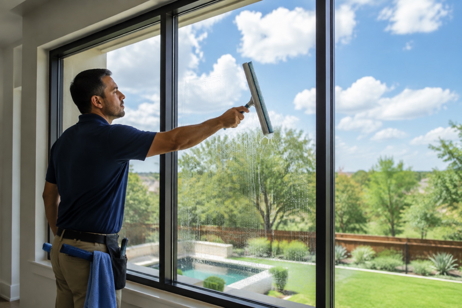 Professional cleaner washing a large interior window in a Dallas–Fort Worth home
