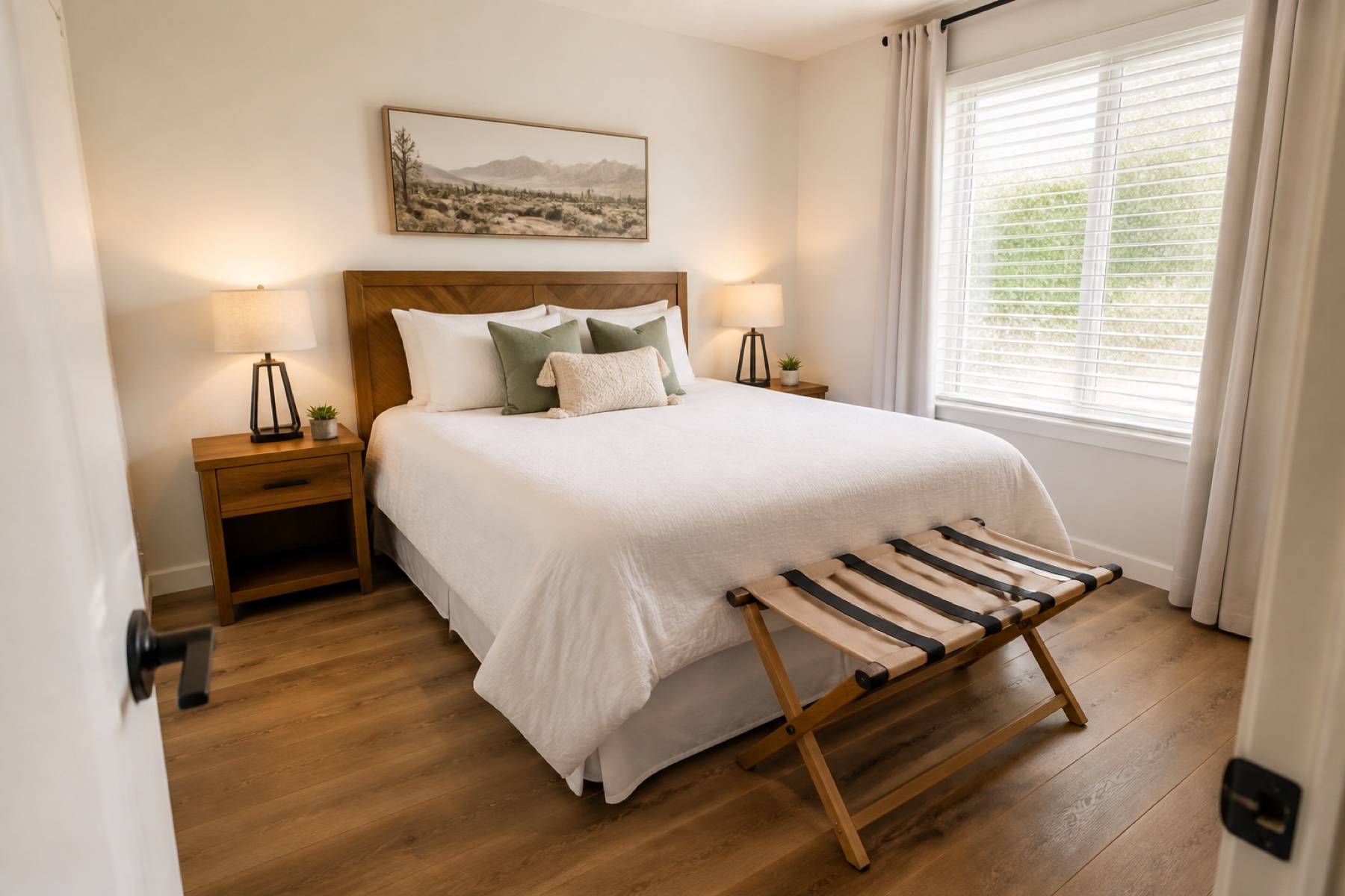 Freshly cleaned guest bedroom prepared for a new arrival