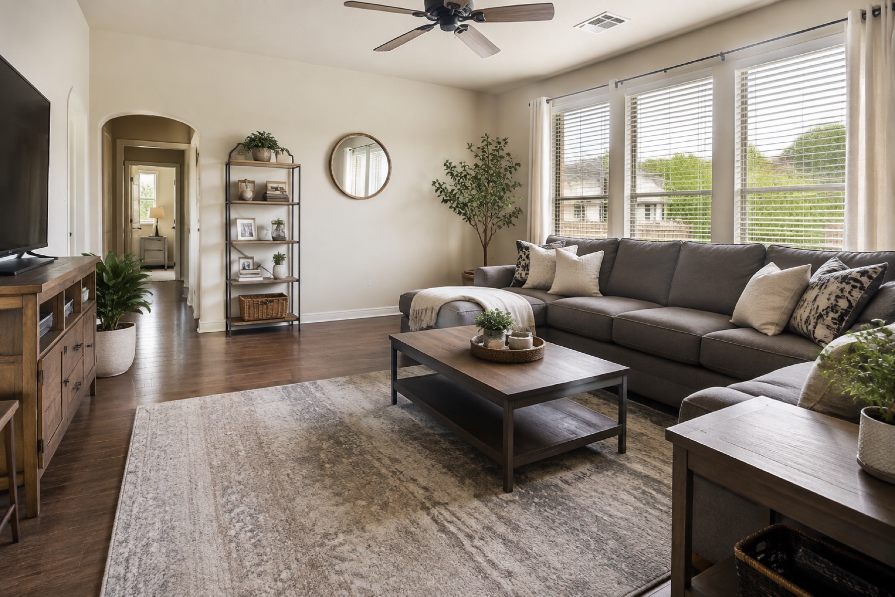 Freshly cleaned family living room with tidy furniture and polished wood floors