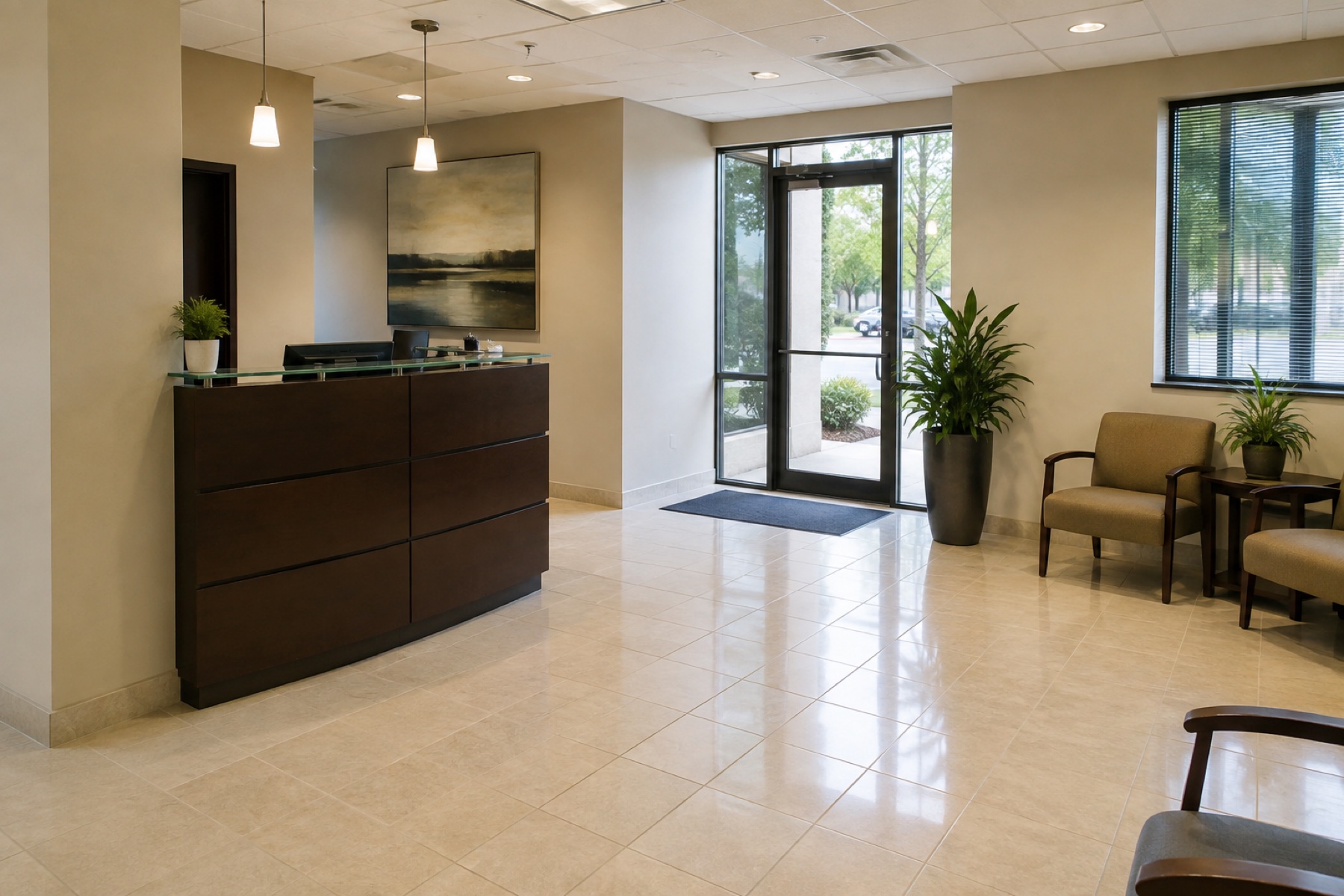 Freshly cleaned professional reception area with polished tile floor